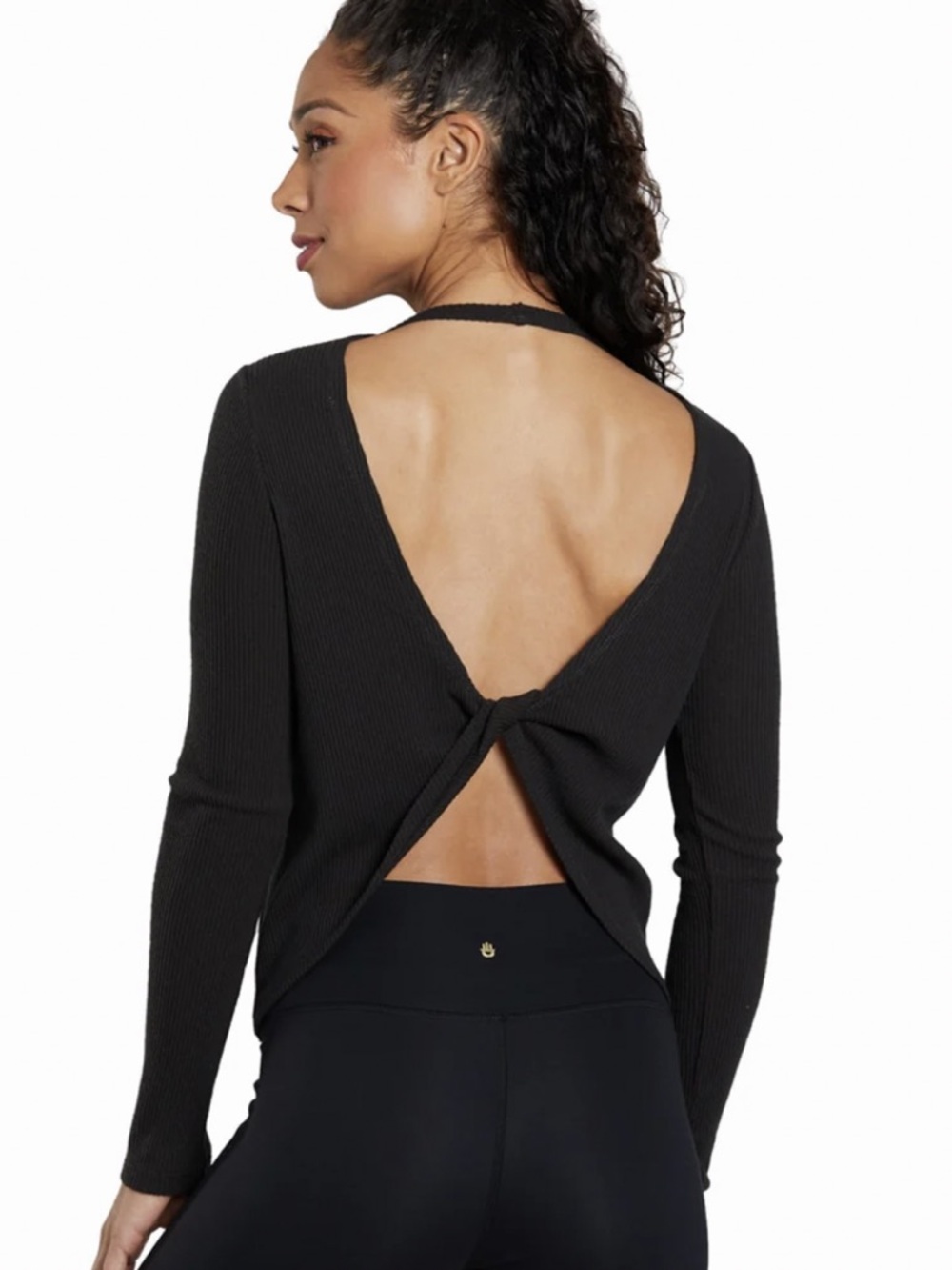 Spiritual Gangster Ribbed Twist Back Long Sleeve Top Gray XS
